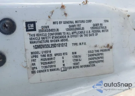 2005 Pontiac Montana Sv6 Fwd из США, поврежденный, VIN 1GMDV33L25D181012